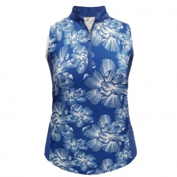 Monterey Club Ladies & Plus Size Chalk Floral Sleeveless Golf Shirts - Kalvin Blue/White