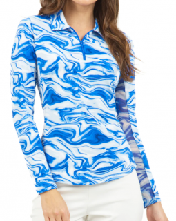 SPECIAL Ibkul Ladies Devin Print Long Sleeve Polo Golf Sun Shirts - Blue