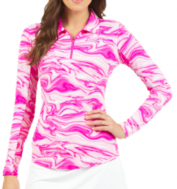 Ibkul Ladies Devin Print Long Sleeve Polo Golf Sun Shirts - Hot Pink