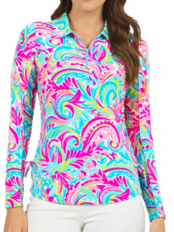 SPECIAL Ibkul Ladies Aubrey Print Adjustable Long Sleeve Polo Golf Sun Shirts - Candy Pink Multi