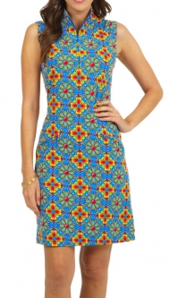 Ibkul Ladies Scarlet Print Sleeveless Mock Golf Dress - Blue Multi