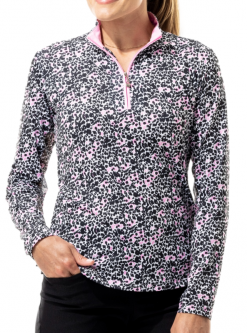 SanSoleil Ladies SolCool Print Long Sleeve Zip Mock Golf Shirts - Bengal Pink Black
