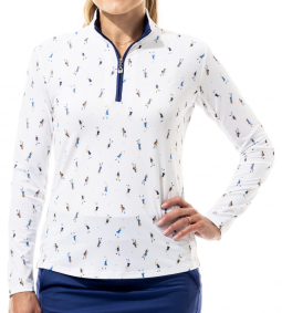 SanSoleil Ladies SolCool Print Long Sleeve Zip Mock Golf Shirts - Grand Slam