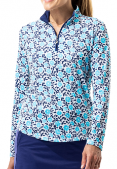 SALE SanSoleil Ladies SolCool Print Long Sleeve Zip Mock Golf Shirts - Morning Glory Caribbean Bl