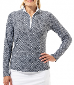 SanSoleil Ladies SolCool Print Long Sleeve Zip Mock Golf Shirts - Sunshine Black
