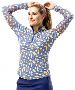SPECIAL SanSoleil Ladies SolCool Print Long Sleeve Zip Mock Golf Shirts - Sunshine Navy