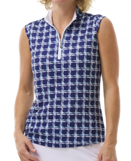 SanSoleil Ladies SolCool Sleeveless Print Zip Mock Golf Shirts - Kingston Navy