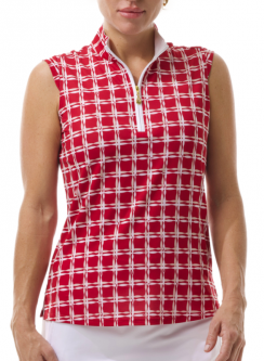 SanSoleil Ladies SolCool Sleeveless Print Zip Mock Golf Shirts - Kingston Red