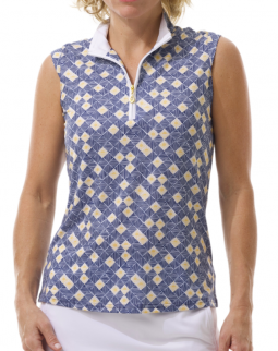 SPECIAL SanSoleil Ladies SolCool Sleeveless Print Zip Mock Golf Shirts - Sunshine Navy