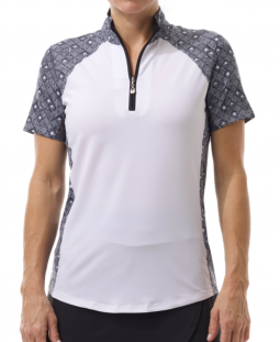 SanSoleil Ladies SolCool Short Sleeve Zip Mock Golf Shirts - Sunshine Black