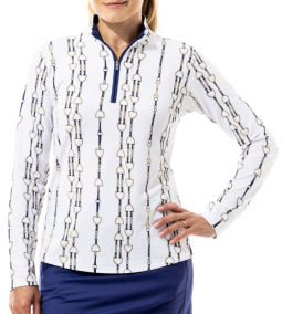 SanSoleil Ladies SolTek LUX Long Sleeve Print Zip Mock Golf Shirts - Lynx Navy