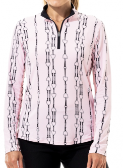 SanSoleil Ladies SolTek LUX Long Sleeve Print Zip Mock Golf Shirts - Lynx Pink