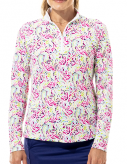 SanSoleil Ladies SolTek LUX Long Sleeve Print Zip Mock Golf Shirts - Pink Flamingo