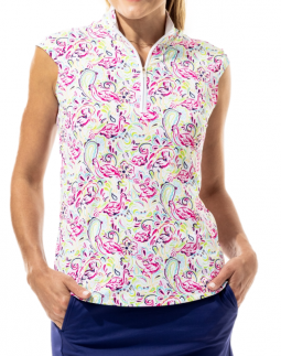 SPECIAL SanSoleil Ladies SolTek LUX Sleeveless Print Zip Mock Golf Shirts - Pink Flamingo