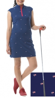 SPECIAL SanSoleil Ladies SolStyle COOL 35½" Sleeveless Print Golf Dress - Flag Day Navy