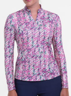 SPECIAL EP New York Ladies & Plus Size L/S Zip Mock Print Golf Sun Shirts - HOPE SPRINGS (Inky Multi