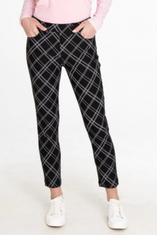 SlimSation Ladies 27" 5-Pocket Pull On Print Golf Pants - Black Plaid