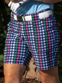 JoFit Ladies 7 1/2 Inch Inseam Belted Golf Shorts - Agua Fresca (Buffalo Check)