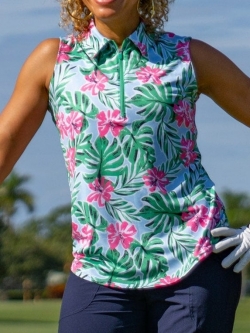 JoFit Ladies & Plus Size Sleeveless Golf Polo Shirts - Agua Fresca (Hibiscus Print)