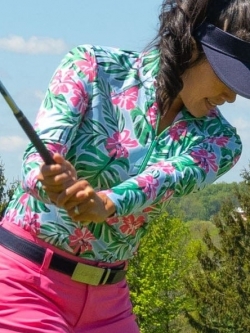 JoFit Ladies Long Sleeve Printed UV Golf Mock Shirts - Agua Fresca (Hibiscus Print)