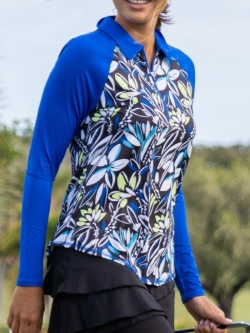 JoFit Ladies Long Sleeve UV Golf Polo Shirts - Lime Drop (Electric Floral Print)