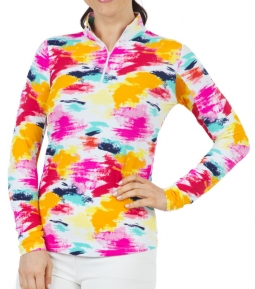 Ibkul Ladies & Plus Size Matilda Print Long Sleeve Mock Neck Golf Sun Shirts - Hot Pink Multi