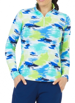 SPECIAL Ibkul Ladies & Plus Size Matilda Print Long Sleeve Mock Neck Golf Sun Shirts - Jade Multi