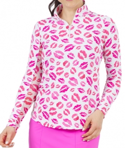 Ibkul Ladies Kiss Me Kate Print Long Sleeve Mock Neck Golf Sun Shirts - Hot Pink/White
