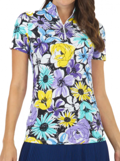 Ibkul Ladies & Plus Size Medeline Print Short Sleeve Mock Golf Shirts - Lavender Multi