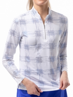 SanSoleil Ladies SolShine Foil Print Long Sleeve Mock Golf Sun Shirts - Hash Tag White/Blue