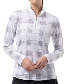 SanSoleil Ladies SolShine Foil Print Long Sleeve Mock Golf Shirts - Hash Tag White/Black