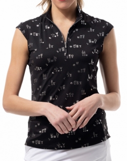 SanSoleil Ladies SolShine Foil Print Sleeveless Zip Mock Golf Shirts - 5 OClock Somewhere