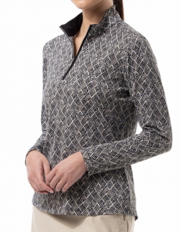 SanSoleil Ladies & Plus Size SolShine Long Sleeve Print Zip Mock Golf Shirts - Dotty Black