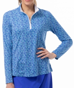 SPECIAL SanSoleil Ladies SolShine Long Sleeve Print Zip Mock Golf Shirts - Dotty Cobalt