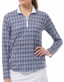 SanSoleil Ladies SolCool Print Long Sleeve Zip Mock Golf Shirts - Clockworks Ink Blue
