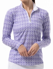 SPECIAL SanSoleil Ladies SolCool Print Long Sleeve Zip Mock Golf Shirts - Clockworks Iris