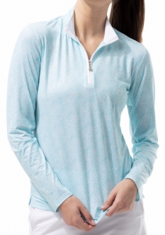 SPECIAL SanSoleil Ladies SolCool Print Long Sleeve Zip Mock Golf Sun Shirts - Kitkat Capri