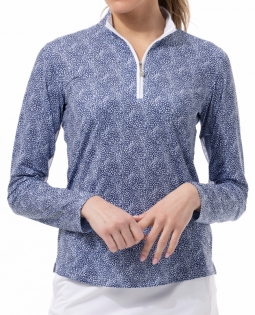 SanSoleil Ladies SolCool Print Long Sleeve Zip Mock Golf Sun Shirts - Kitkat Navy