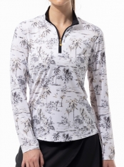 SPECIAL SanSoleil Ladies SolCool Print Long Sleeve Zip Mock Golf Shirts - Paradise Black/Stone