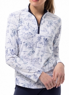 SPECIAL SanSoleil Ladies SolCool Print Long Sleeve Zip Mock Golf Sun Shirts - Paradise Ink/Sage