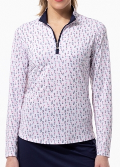 SanSoleil Ladies SolCool Print Long Sleeve Zip Mock Golf Shirts - Pinot