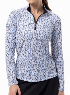 SanSoleil Ladies SolCool Print Long Sleeve Zip Mock Golf Shirts - Tiki Black
