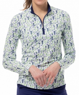 SPECIAL SanSoleil Ladies SolCool Print Long Sleeve Zip Mock Golf Sun Shirts - Tiki Navy
