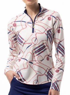 SPECIAL SanSoleil Ladies SolCool Print Long Sleeve Zip Mock Golf Sun Shirts - Touch of Class Red