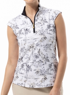 SanSoleil Ladies & Plus Size SolCool Sleeveless Print Zip Mock Golf Shirts - Paradise Black/Stone