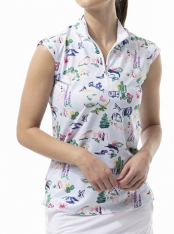 SanSoleil Ladies & Plus Size SolCool Sleeveless Print Zip Mock Golf Shirts - Parks & Rec