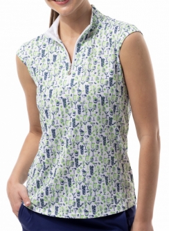 SanSoleil Ladies & Plus Size SolCool Sleeveless Print Zip Mock Golf Shirts - Tiki Navy
