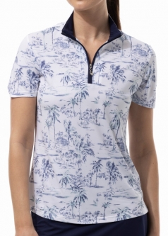 SanSoleil Ladies SolCool Short Sleeve Print Zip Mock Golf Shirts - Paradise Ink/Sage