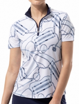 SanSoleil Ladies SolCool Short Sleeve Print Zip Mock Golf Shirts - Touch of Class Blue