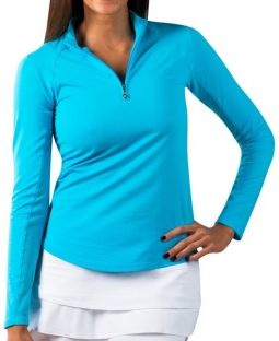SanSoleil Women's Plus Size SolTek Ice Solid Zip Mock Long Sleeve Golf Shirts - Turquoise
